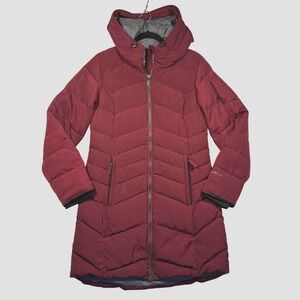 Eddie Bauer Womens Down Puffer Coat Knee‎ Length Hooded Full Zip Maroon Small